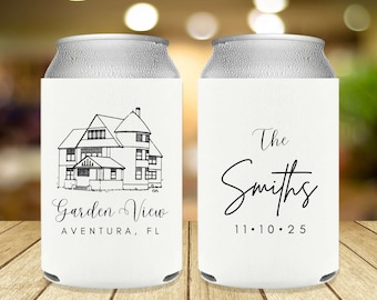 Custom Venue Can Holder – Illustrated Wedding Favor, Personalized Drink Sleeve