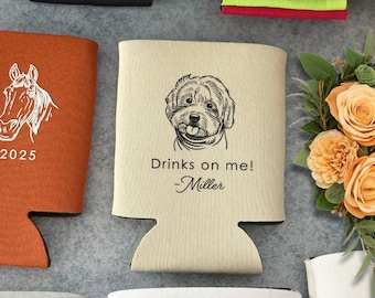 Custom Pet Illustration Wedding Can Coolers, Personalized Favor, Can Holder, Wedding Reception Gift For Guest