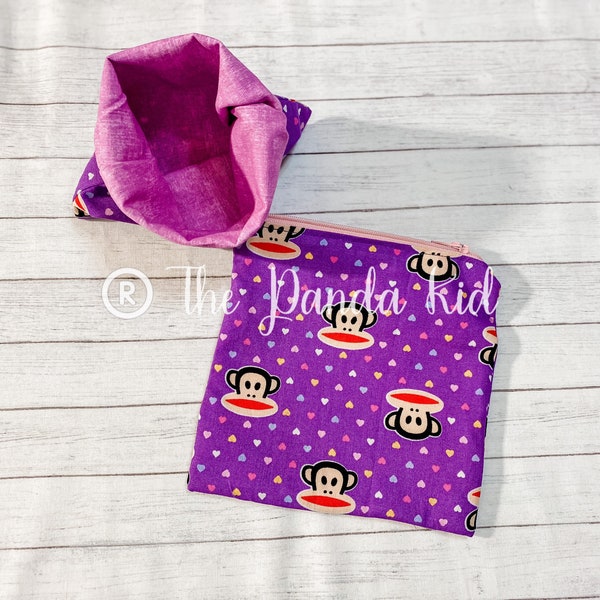 6”x6” Zip Up Pouch, Snack Size, Purple Monkey, Cosmetic Bag, Supply Pouch, Discrete Pouch, Candy Bag, Medicine Keeper, Gifts for All