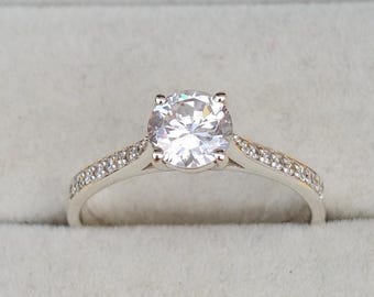 Round Moissanite Engagement Ring 925 Sterling Silver | Diamond Alternative Ring | Minimalist Promise Ring Gift for Her