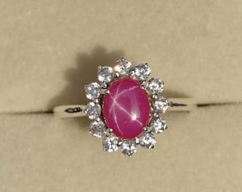 Pink Star Sapphire Cluster Ring: Sterling Silver Promise Engagement Jewelry