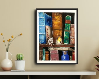 Mouse Print, Library Art, Mouse Watercolor, Book Nook Art, Children, Book Lovers, Cozy Home, Woodland Art, Cottagecore