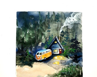 VW Bus Camping giclee art print, watercolor print, woods, cozy, cabin, a-frame