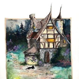 Cottage Print, Watercolor, Cozy House art,  Children&#39;s art, Fantasy art, Enchanted Cottage, Cat art, Woodland art, Cottagecore, Storybook