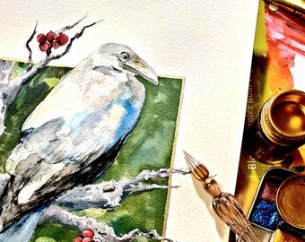 Impression d’art giclée White Raven, aquarelle, chambre d’enfant, art de conte de fées, oiseaux, animal, fantaisie