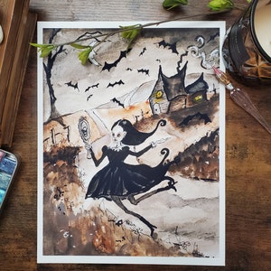 Spooky Girl Art Print, Spooky Illustration, Witch Girl Art, Gothic Illustration, Whimsical Witch, Bats, Fantasy Art