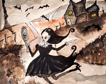 Witch with Bats Art Print, Whimsical Gothic Illustration
