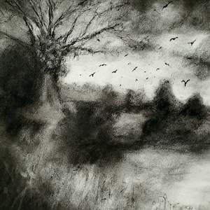 May include: A charcoal drawing of a stark, leafless tree against a stormy sky. Silhouetted birds fly across the bright area of the sky. The artwork evokes a sense of desolation and drama.