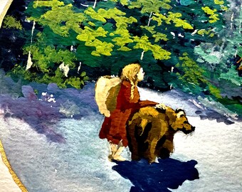 Girl and Bear Watercolor Giclée Print, Hand Embellished Art