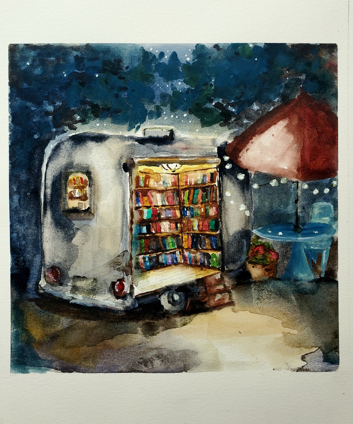 Mobile Library Art Print, Library Watercolor, Book Nook Art, Traveling ...