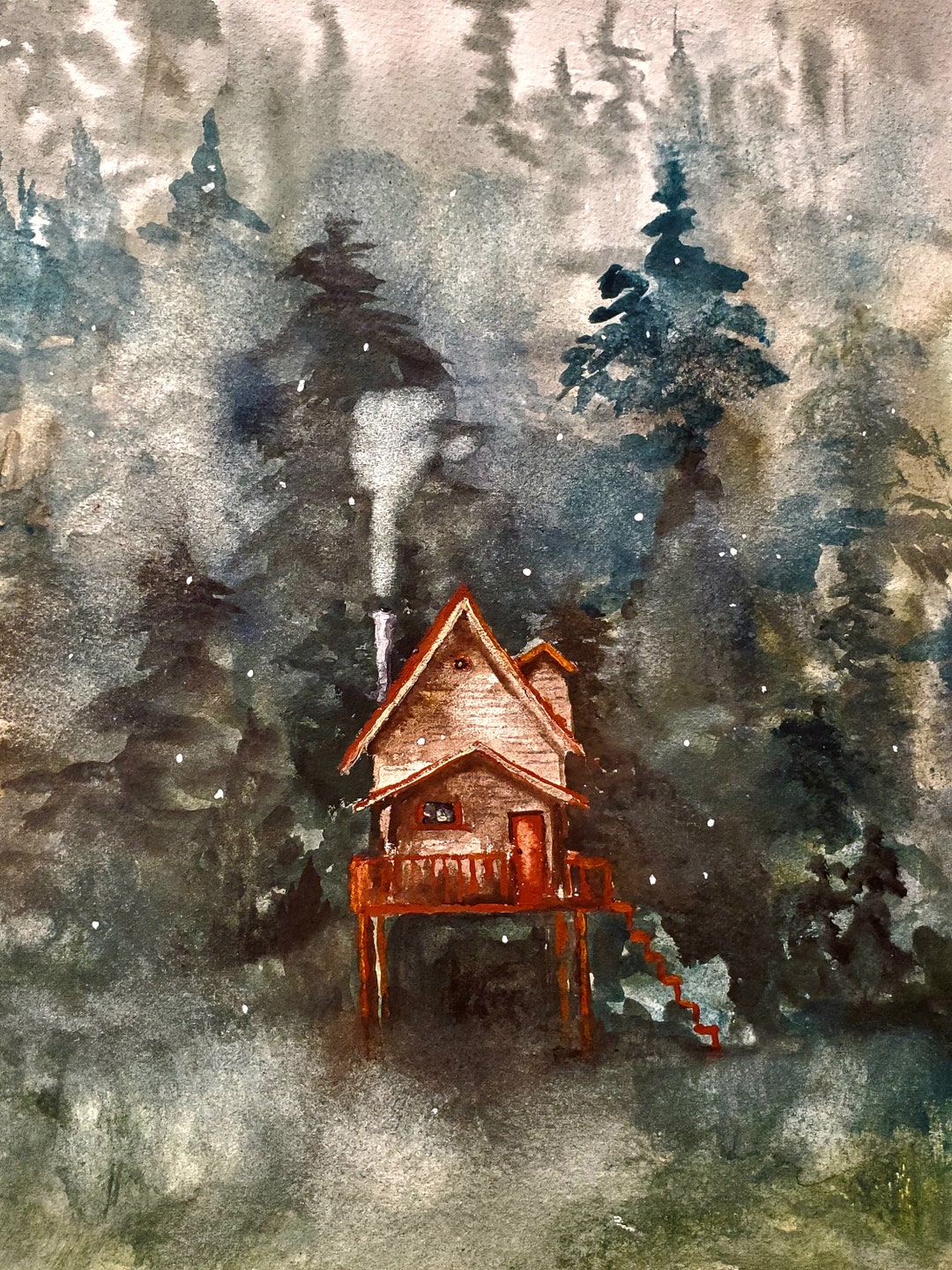Cozy Log Cabin Watercolor Print, Rustic Woodland Art - Etsy
