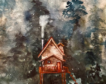 Cozy Log Cabin Print, Cottagecore Art, A-Frame, Rustic Art, Woodland Art, Nature Print, Solitude Art