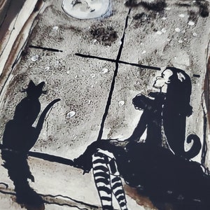 Spooky Girl Art Print, Spooky Illustration, Witch Girl Art, Gothic Illustration, Whimsical Witch, Black Cat Print, Fantasy Art
