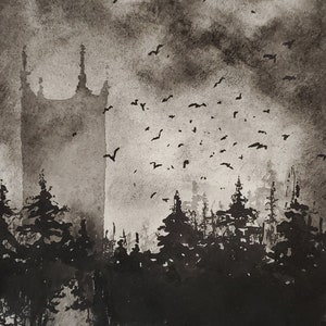 May include: A monochrome watercolor painting depicts a gothic tower, silhouetted against a cloudy sky. Dark trees line the foreground, with a flock of birds flying above. The artwork evokes a sense of mystery and the macabre.
