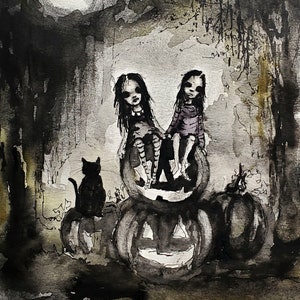 Spooky Girls Art Print, Spooky Illustration, Witch Girl Art, Gothic Illustration, Whimsical Witch, , Fantasy Art, Black Cat Print