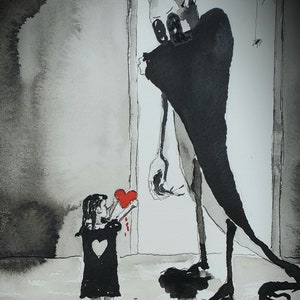 Puede incluir: Ilustración en tinta negra y blanca de una joven ofreciendo un corazón rojo a una figura alta y sombría en una puerta. Se ve una araña y una telaraña. La joven lleva un vestido negro con un corazón recortado.