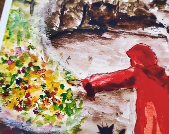 Forest Witch Art Print, Red Cape, Magical Flowers, Signed Fantasy Illustration