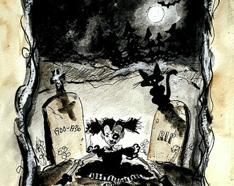 Konsttryck för zombieflicka, gotisk illustration