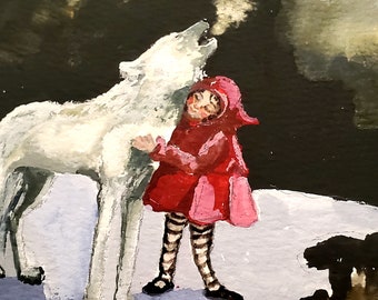Little Red Riding hood giclee art print, watercolor print, children's room, fairytale art, wolf, animal, fantasy