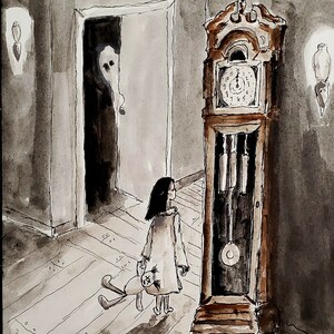 Spooky Ghost Art Print, Little Girl and Ghost, Gothic Print, Haunted House Art, Creeping Dread, Fantasy Art