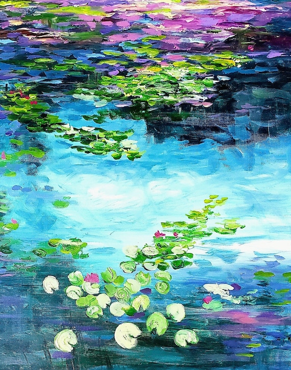 睡蓮の池の絵画プリント、カラフルな水の反射アート - Etsy 日本