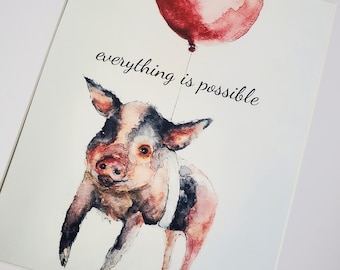 Whimsical Flying Pig Watercolor Print, Nursery Wall Art