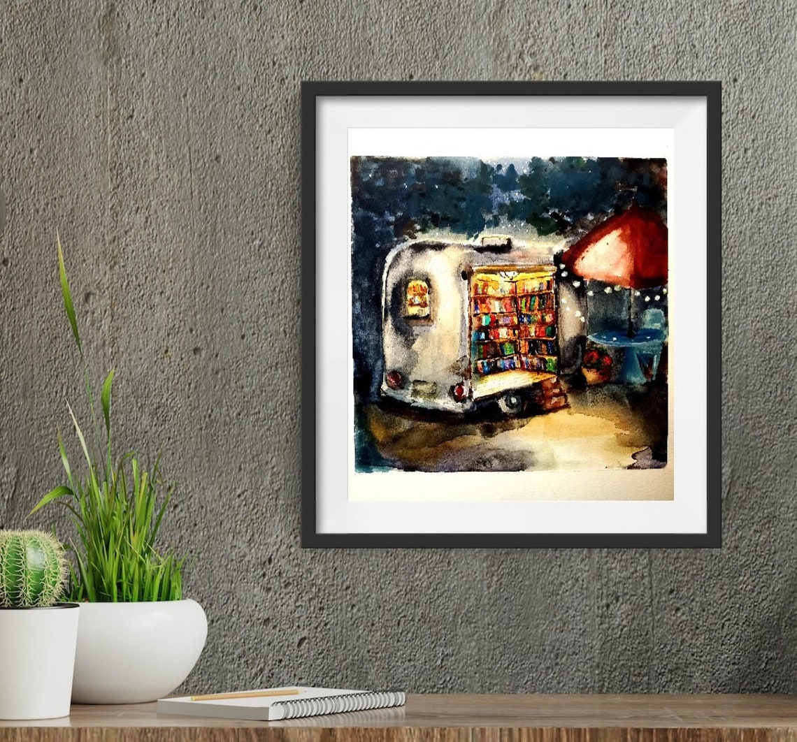 Mobile Library Art Print, Library Watercolor, Book Nook Art, Traveling ...