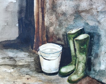 Impresión artística de acuarela de botas de granja, vida rústica en el campo