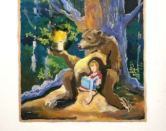 Girl and Bear giclee art print, watercolor print, children's room, fantasy art, reading, fairytale