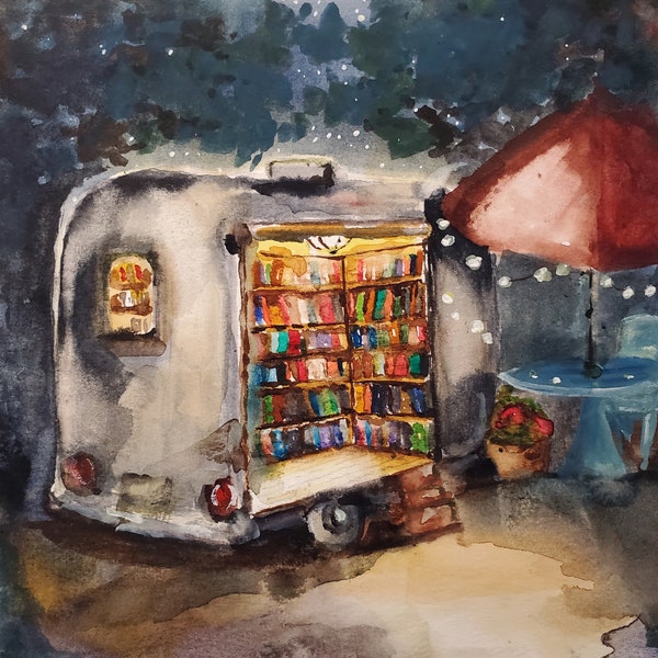 Mobile Library Art Print, Library Watercolor, Book Nook Art, Traveling Library, Camper Library, Airstream Camper, Original Library Painting