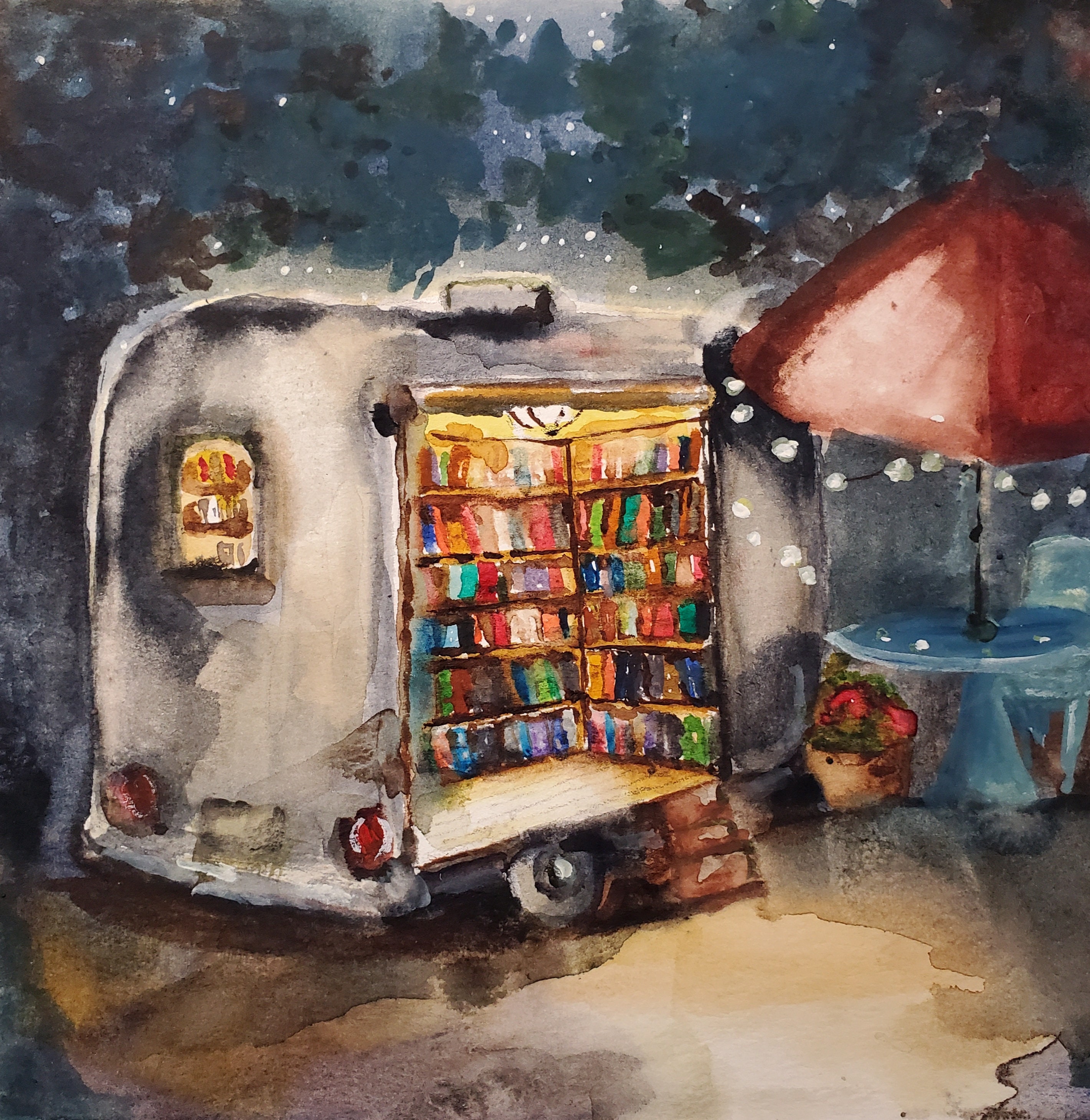 Mobile Library Art Print, Library Watercolor, Book Nook Art, Traveling ...