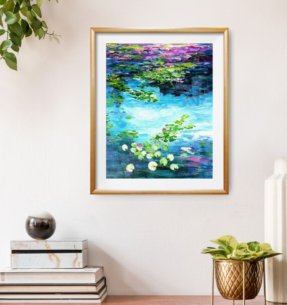 睡蓮の池の絵画プリント、カラフルな水の反射アート - Etsy 日本