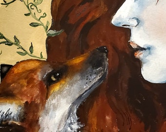 Fox and Girl Art Print, Magical Woodland Watercolor, Gold Ink