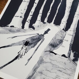 May include: Black and white art print depicting a surreal scene of a child walking towards a shadowy figure in a forest. The artwork features tall, dark trees casting long shadows, creating a dramatic contrast. The style is reminiscent of a watercolor painting.