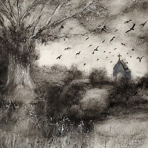 May include: A monochrome landscape painting depicting a church with a cross, a large tree, and many flying birds. The artwork uses charcoal and white highlights to create a moody, atmospheric scene.