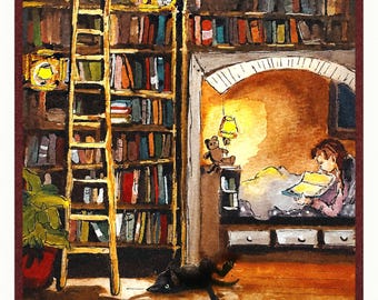 Book Nook Art Print, Girl Reading with Cat Watercolor