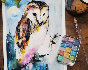 Impresión artística en acuarela de un búho y un hada, fantasía caprichosa
