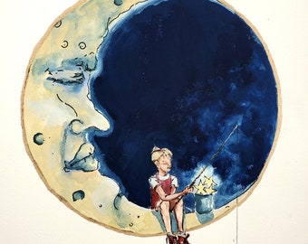 Boy and Moon giclee art print, watercolor print, children's room, fantasy art