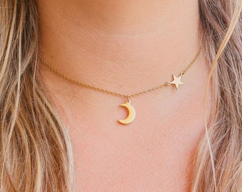 Sterne Mond Kette, zierliche Goldkette, Charmante Mond Halskette, Minimalist Halskette, Minimalist Halskette, Minimalist Schmuck für Mama