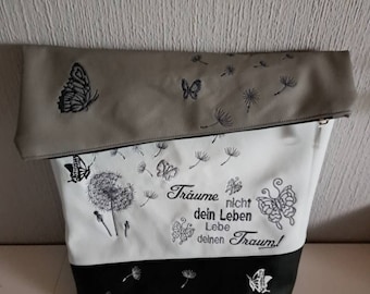 Handmade Foldover, Umhängetasche, Crossover Handtasche bestickt Pusteblume in 3 Größen, Wunschfarben