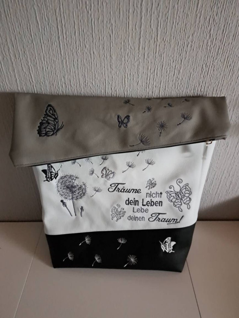 Handmade Foldover, Umhängetasche, Crossover Handtasche bestickt Pusteblume in 3 Größen, Wunschfarben Bild 1