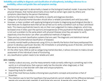 Puede incluir: Un documento con texto que discute la fiabilidad y validez del diagnóstico y la clasificación de la esquizofrenia. El texto incluye viñetas y títulos, que cubren temas como modelos biológicos y sistemas de diagnóstico.