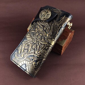 Handmade Leather Dragon Wallet – Embossed Asian Style, Oriental Mythology, Unique Gift for Him