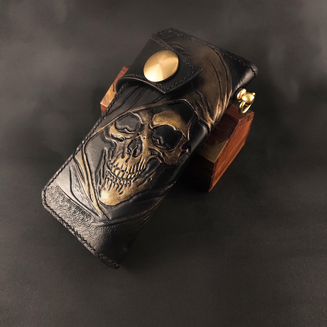 Handmade Leather Wallet With Skull, Gothic Reaper Design, Biker Style ...