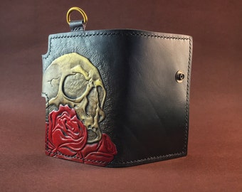 Handmade Leather Wallet with Skull and Roses Engraving | Gothic Alternative Style | Unique Leather Art Gift