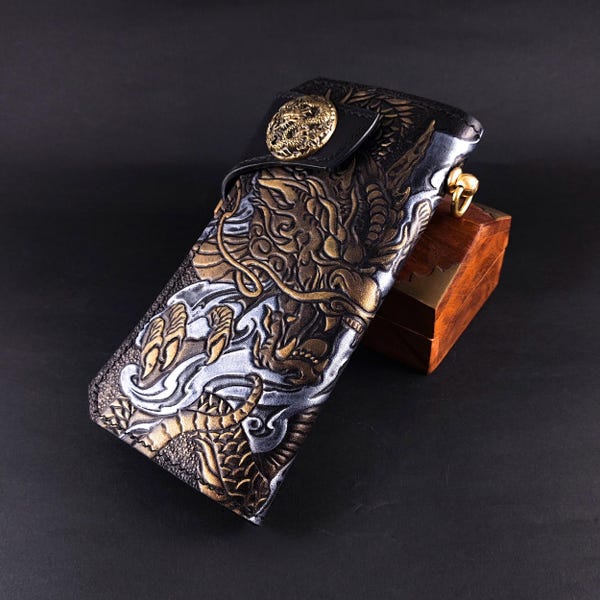 Dragon Leather Wallet – Embossed Asian Style, Leather wallet for men, Wallet with chain, Unique Gift for Him
