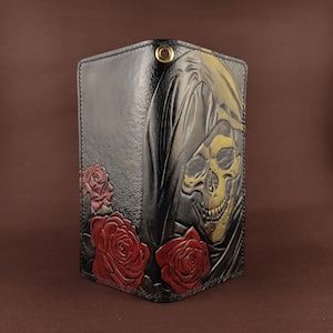 Handcrafted Leather Wallet with Grim Reaper and Roses – Gothic Skull Art, Skull Leather Long Wallet, Unique Dark Gift for Him