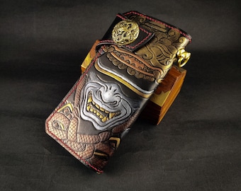 Handmade Leather Wallet with Oni Mask – Japanese Samurai Style Engraved Wallet