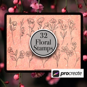 Könnte beinhalten: Eine digitale Illustration von 32 floralen Stempeln zur Verwendung in der Procreate-App. Die Stempel sind Schwarzweiß-Zeichnungen verschiedener Blumen und Pflanzen. Das Bild ist vor einem rosa Hintergrund platziert.