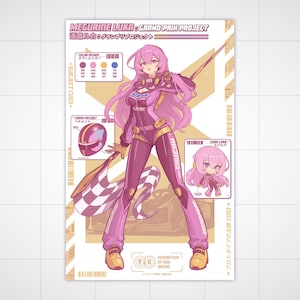 May include: A poster featuring an anime-style illustration of a character in a racing suit. The character has long pink hair and is holding a checkered flag. The poster includes text in English and Japanese, along with color swatches and a helmet design.